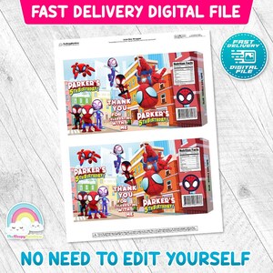 May include: A digital juice box wrapper template featuring a city background with red and blue spider-themed characters. The text reads Parker's 5th Birthday and Thank You For Celebrating With Me. Includes nutrition facts, a barcode, and glue labels.
