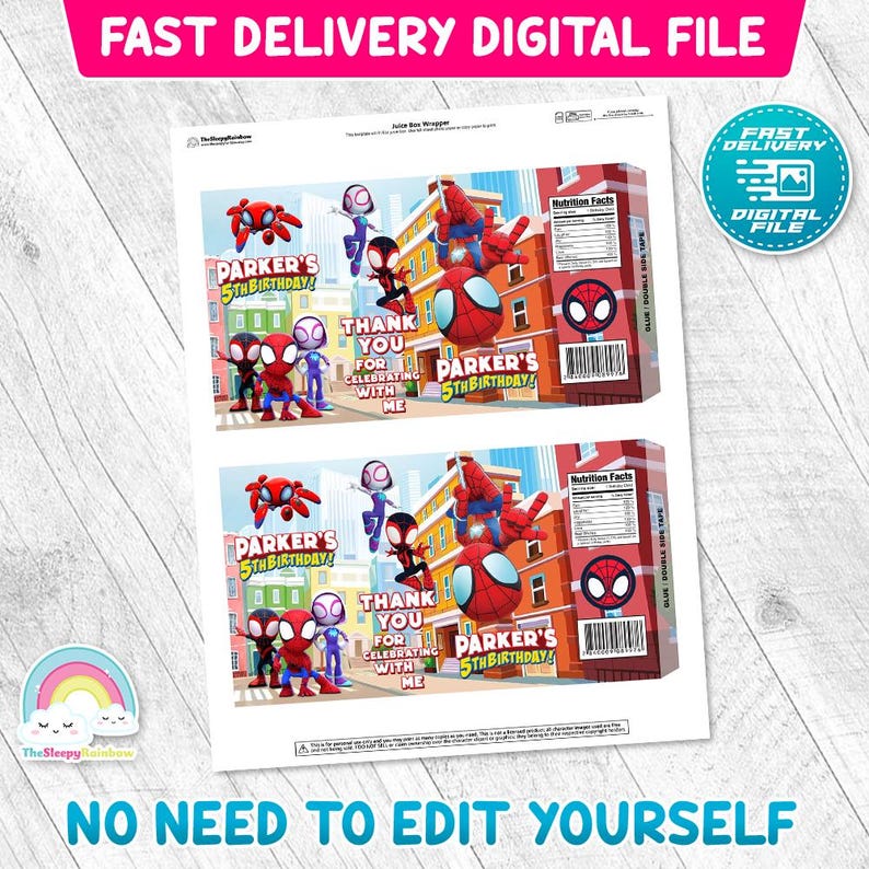 May include: A digital juice box wrapper template featuring a city background with red and blue spider-themed characters. The text reads Parker's 5th Birthday and Thank You For Celebrating With Me. Includes nutrition facts, a barcode, and glue labels.