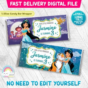 Envoltorio de barra de caramelo para fiesta de cumpleaños de la princesa Jasmine, etiqueta de envoltorio de barra de chocolate Aladdin Jasmine, decoración imprimible