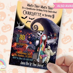 May include: A Halloween-themed birthday party invitation featuring characters from the movie "The Nightmare Before Christmas". The invitation is for Charlotte's 5th birthday party on October 30th from 2:00 to 4:00 PM. The invitation includes the address and RSVP information.