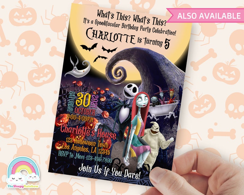 May include: A Halloween-themed birthday party invitation featuring characters from the movie "The Nightmare Before Christmas". The invitation is for Charlotte's 5th birthday party on October 30th from 2:00 to 4:00 PM. The invitation includes the address and RSVP information.