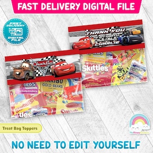 Cars Birthday Party Treats Bag Label Race Car Lighting McQueen Favor plastic Bag Toppers Printable Decoration
