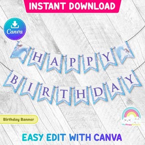 Puede incluir: Una pancarta azul y morada con purpurina con las palabras "Happy Birthday" en ella. La pancarta está decorada con imágenes de sirenas. La pancarta está diseñada para ser editada en Canva.