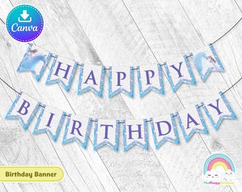 Frozen Elsa Nokk Happy Birthday Banner Garland Frozen Birthday Banner Printable Party Easy Edit Canva Template Editable File