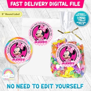 Minnie Mouse 3 inch round sticker Birthday Party Favor Tags Minnie 3 inch circle Sticker Treats Tags Thank you Label Decoration