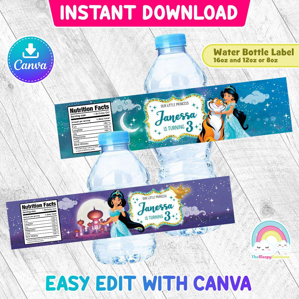 Princess Jasmine Birthday Party Bottle Label Aladdin Water Bottle Wrapper Label Printable Easy Edit Canva Template Editable File