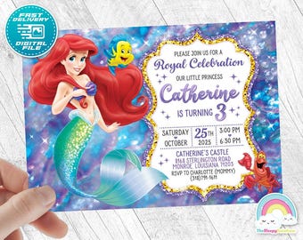 Little Mermaid Invitation Birthday Invite Party Mermaid Princess Ariel Invites Birthday Invitations