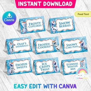 Frozen Olaf Food Tent Birthday Party Printable Frozen Food Label 8 Designs Food Tent Easy Edit Canva Template Editable File