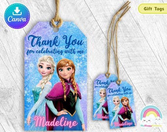 Etiquetas de regalo para fiesta de cumpleaños de Anna Elsa Frozen Etiquetas de regalo de Anna Elsa Frozen Etiquetas de agradecimiento Plantilla de Canva de fácil edición Archivo editable