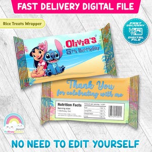 Puede incluir: Archivo digital para envoltorio de golosinas de arroz con Lilo y Stitch en una playa. El envoltorio es para el 5&ordm; cumplea&ntilde;os de Olivia e incluye el texto "Thank You for celebrating with me".