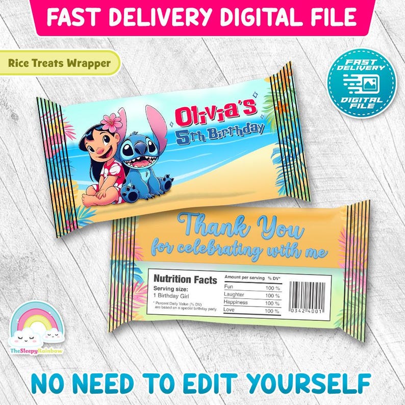 Puede incluir: Archivo digital para envoltorio de golosinas de arroz con Lilo y Stitch en una playa. El envoltorio es para el 5&ordm; cumplea&ntilde;os de Olivia e incluye el texto "Thank You for celebrating with me".