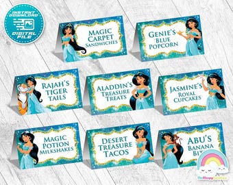 Prinzessin Jasmin Essen Zelt Geburtstag Party druckbare Aladdin Lebensmittel Etikett 8 Designs Essen Zelt Canva Vorlage bearbeitbare Datei Sofort-Download