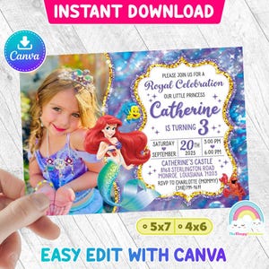 Carte d'invitation petite sirène, invitation à une fête, sirène princesse Ariel, invitations d'anniversaire avec la photo de votre enfant, modèle sur toile