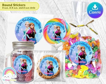 Gefrorene Elsa Anna 3 Zoll 2,5 Zoll 2 Zoll runder Aufkleber Geburtstag Party Favor Lollipop Leckereien Tags Label Bearbeiten Canva Vorlage Bearbeitbare Datei