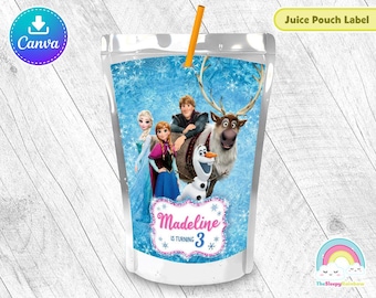 Frozen Elsa Anna Sven Kristoff Olaf Birthday Party Juice Pouch Label Beautiful Glitter Frozen Juice Label Printable Easy Edit Canva Template