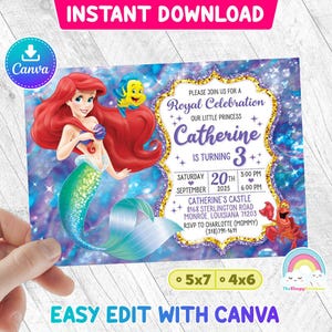 Little Mermaid Invitation Birthday Invite Party Mermaid Princess Ariel Invites Birthday Invitations Easy Edit Canva Template Editable File