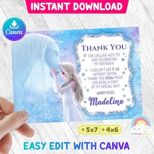 Tarjeta de agradecimiento de cumpleaños de Elsa The Nokk Frozen 2 Elsa invita a la tarjeta de agradecimiento de cumpleaños Plantilla de Canva de fácil edición Archivo editable