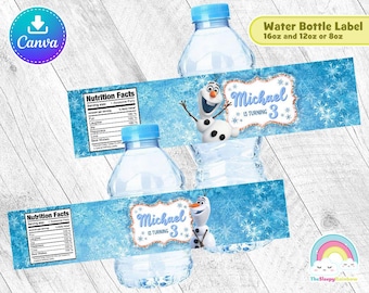 Olaf Frozen Birthday Party Bottle Label Olaf Water Bottle Wrapper Label Printable Easy Edit Canva Template Editable File