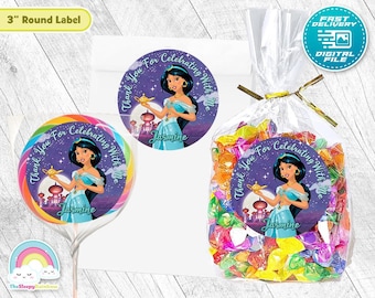 Princess Jasmine 3 inch round sticker Aladdin Jasmine Birthday Favor Lollipop Treats Tags Label Decoration
