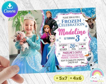 Frozen Invitation Birthday Invite Party Glitter Elsa Anna Kristoff Sven Invites with your child&#39;s picture Easy Edit Canva Template Editable