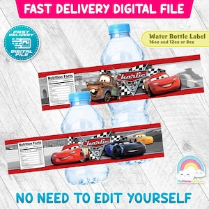 Cars Birthday Party Bottle Label Race Cars Water Bottle Wrapper Label Printable Lighting Mc Queen Mater Decoration