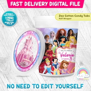 Princess Birthday Party Cotton Candy Tub Wrapper Beautiful Gold Glitter Label All Princess 2 oz Cotton candy Printable Printable Decoration