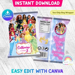 Prinzessin Geburtstagsparty Chipstüten Wrapper Label Alle Prinzessin Snacktüte Printable Easy Edit Canva Template Bearbeitbare Datei