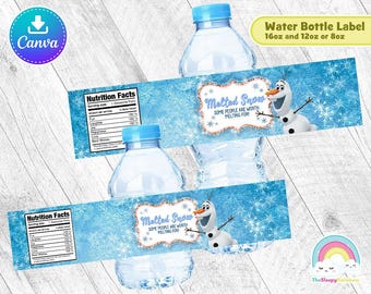 Olaf Melted Snow Bottle Label Birthday Party Olaf Water Bottle Wrapper Label Printable Easy Edit Canva Template Editable File