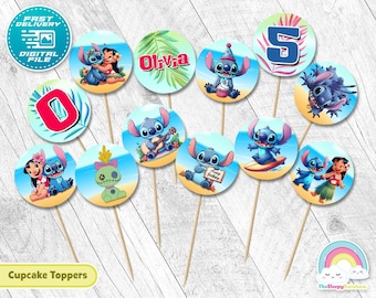 Adornos para cupcakes de Lilo y Stitch, redondos de 2 pulgadas, para fiesta de cumpleaños, imprimibles, con pegatinas circulares de 2 pulgadas de Stitch, para decoración de cupcakes.