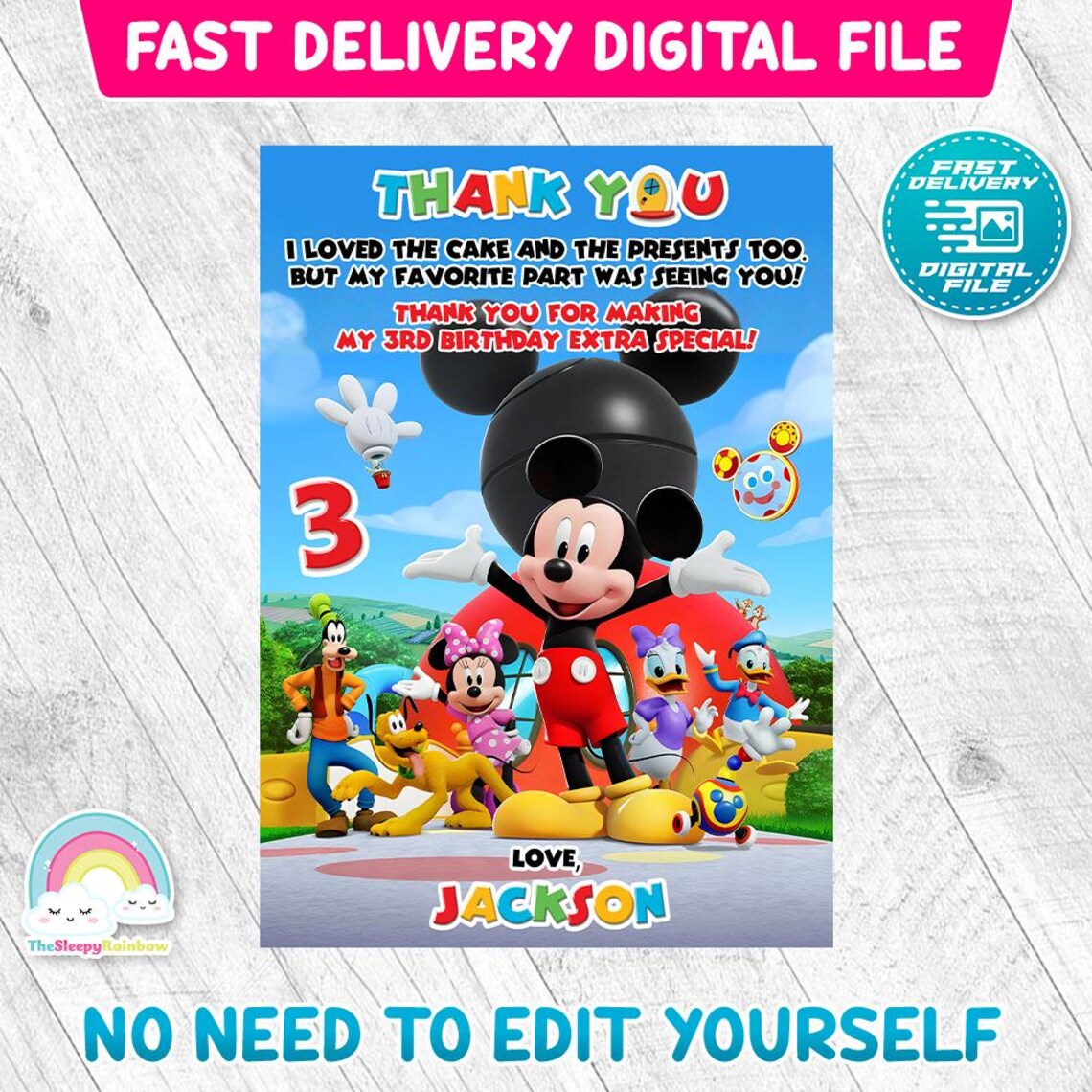 Mickey Mouse Birthday Thank You Card Clubhouse Club House Playhouse ...
