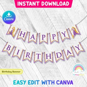 Prinzessin Rapunzel Happy Birthday Banner Girlande Geburtstagsbanner Printable Party Easy Edit Canva Template Bearbeitbare Datei