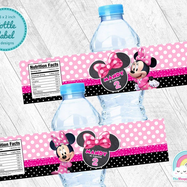 Minnie Mouse Birthday Party Bottle Label Minnie Pink Water Bottle Wrapper Label Printable