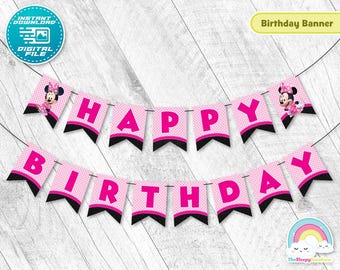 Guirnalda de pancartas de feliz cumpleaños de Minnie Mouse, pancarta de cumpleaños rosa de Minnie, decoración de fiesta imprimible, descarga instantánea