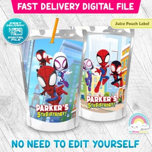 Spidey and His Amazing Friends Birthday Party Juice Pouch Label Juice Label Printable Decoration Spiderman image 1