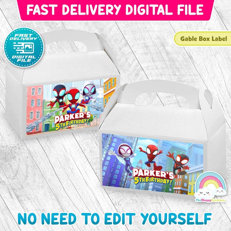 May include: Two white gable boxes featuring a graphic print of three cartoon superheroes in a city setting. The text on the boxes reads Parker's 5th Birthday. The boxes have a handle at the top and are displayed as a digital file design.