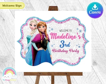 Frozen Elsa Anna Benvenuto Compleanno Cartello Frozen Porta Cartello Poster Festa Compleanno Facile Modifica Canva Modello File Modificabile