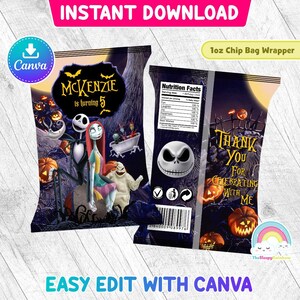 Etichetta per sacchetti di patatine per feste di compleanno di Halloween, modello stampabile Canva, file modificabile, modello per sacchetti di snack di Halloween, modello per sacchetti di patatine ...