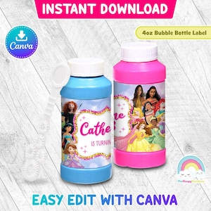 Etiqueta para botella de burbujas de 4 oz para fiesta de cumpleaños de princesa. Etiqueta para botella de burbujas estándar de princesa. Imprimible. Plantilla de Canva fácil de editar.