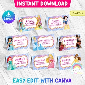 Princess Food Tent Birthday Party Printable All Princess Food Label Food Tent Easy Edit Canva Template Editable File