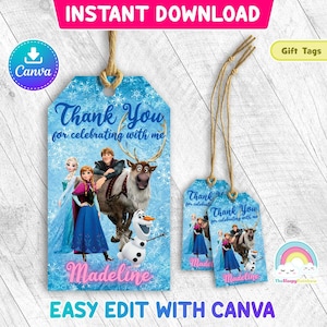 Étiquettes pour cadeaux La Reine des neiges Belle Elsa Anna Kristoff Sven Olaf Étiquette cadeau La Reine des neiges Étiquettes pour friandises Étiquette de remerciement Modèle Canva facile à modifier