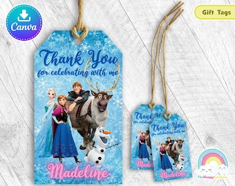 Frozen Glitter Beautiful Elsa Anna Kristoff Sven Olaf Party Favor Tags Frozen Gift Tag Treats Tags Thank you Label Easy Edit Canva Template