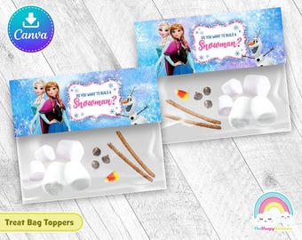 Frost Vill du bygga en snögubbe? Födelsedagsfestgodis Etikett för väska Elsa Anna Present Frost Plastpåsdekorationer Utskrivbar Redigera Canva Mall