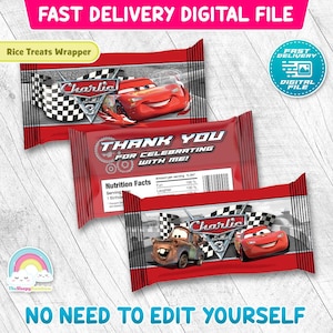 May include: Red rice treat wrappers featuring the Cars movie characters Lightning McQueen and Mater. The wrappers have the text "Thank You For Celebrating With Me!" and "Charlie 3". The image also includes the text "Fast Delivery Digital File".