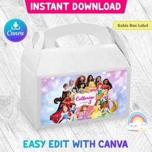 Princess Birthday Party Gable All Princess Box Label Aladdin Treat Box Sticker Printable Easy Edit Canva Template Editable File