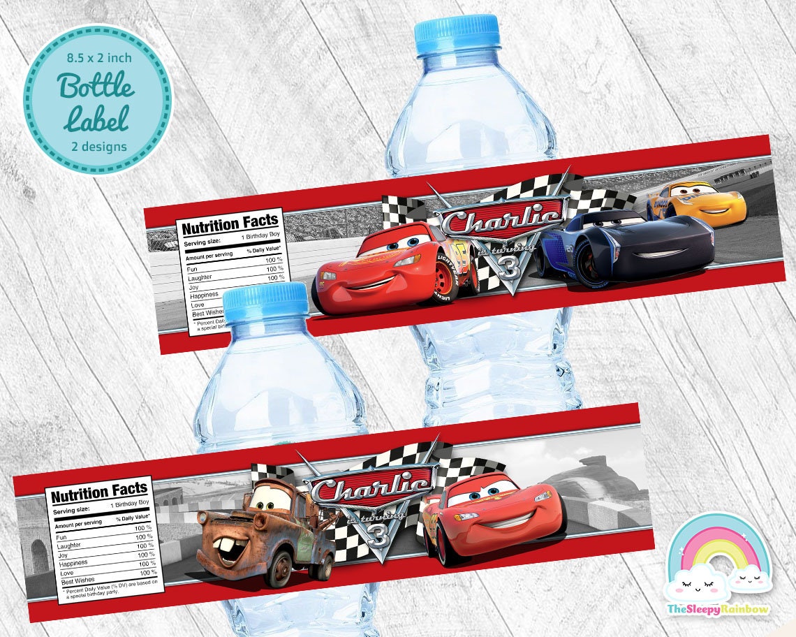 6pcs Disney Pixar Cars Lightning McQueen Water Bottle Label self-adhesive  Sticker Baptism Baby Shower Decorations