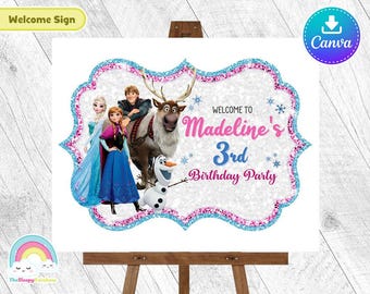 Frozen Elsa Anna Kristoff Sven Olaf Welcome Birthday Sign Frozen Door Sign Poster Birthday Party Easy Edit Canva Template Editable File