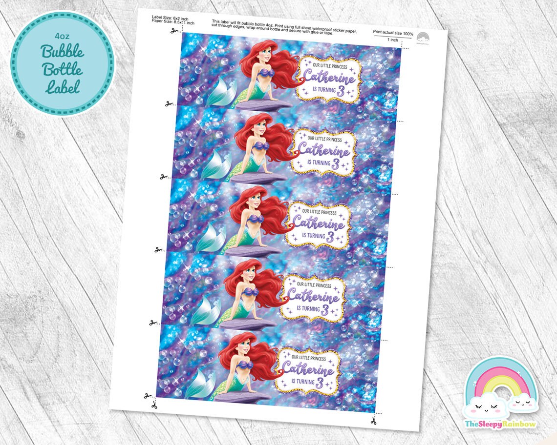 Little Mermaid Birthday Party 4 oz Bubble Bottle Label Little Mermaid Ariel Standard Bubble Bottle Label Printable