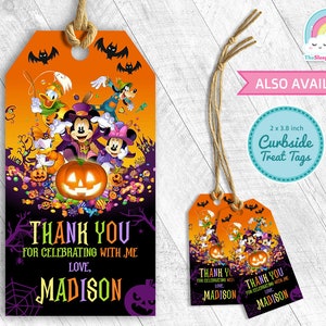 May include: Halloween-themed thank you tags featuring Mickey Mouse, Minnie Mouse, Donald Duck, and Goofy. The tags are orange and black with a purple and green border. The text on the tags reads "Thank you for celebrating with me. Love, Madison".