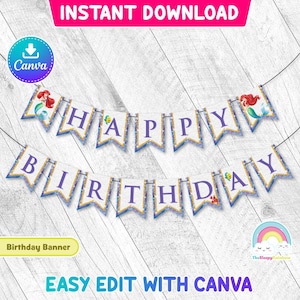 Little Mermaid Happy Birthday Banner Girlande Ariel Mermaid Geburtstagsbanner Printable Party Easy Edit Canva Template Bearbeitbare Datei