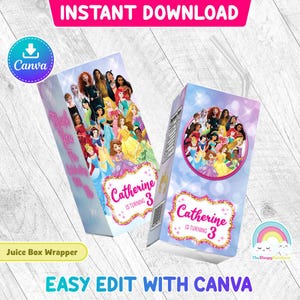 Princess Birthday Party 6 oz Juice Box Wrapper Alle Princess Juice Box Label Afdrukbaar Eenvoudig bewerken Canva-sjabloon Bewerkbaar bestand